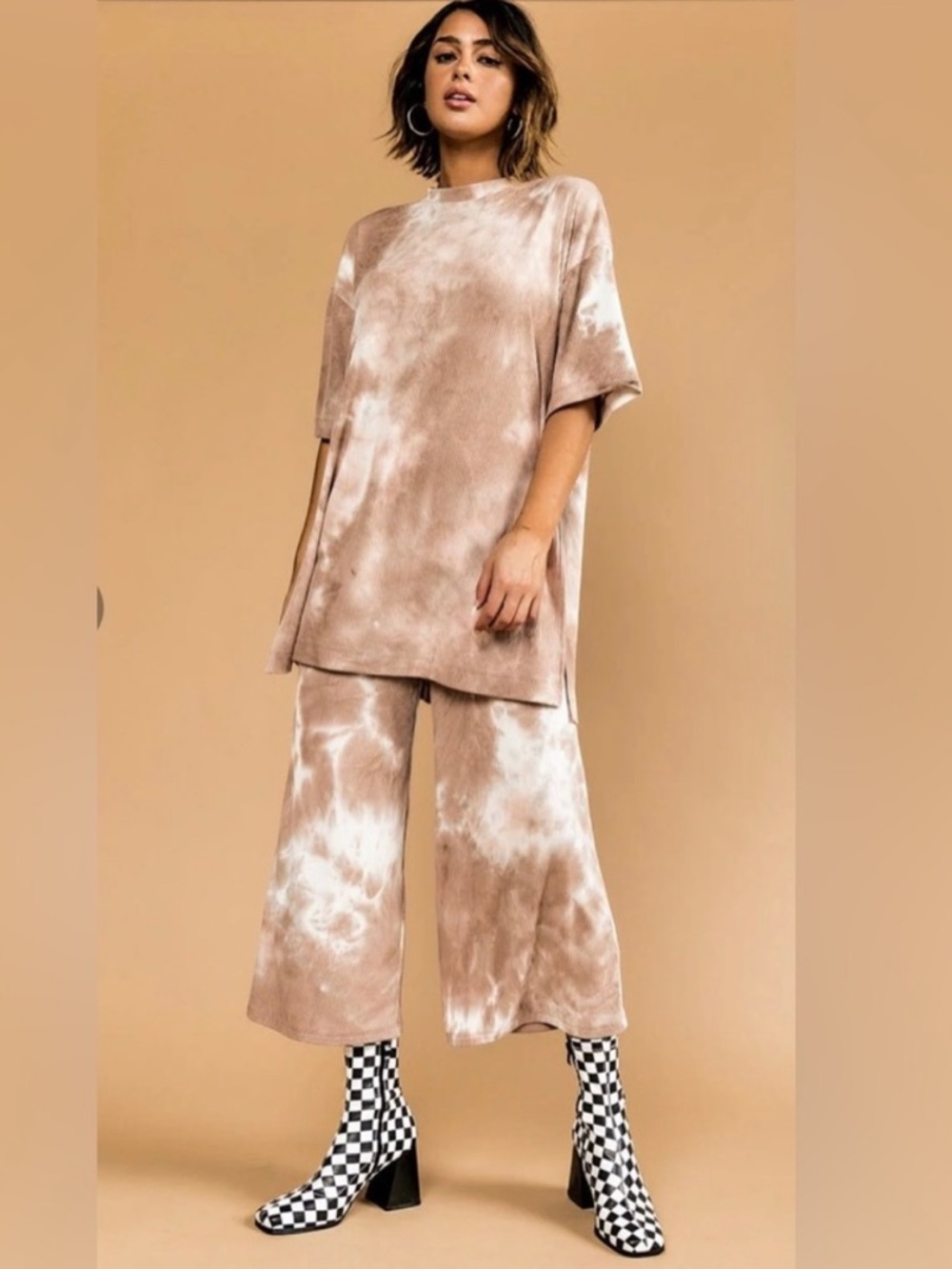 Dressed in LALA Tan & Cream Tie-Dye Wide Leg Set (H0162)